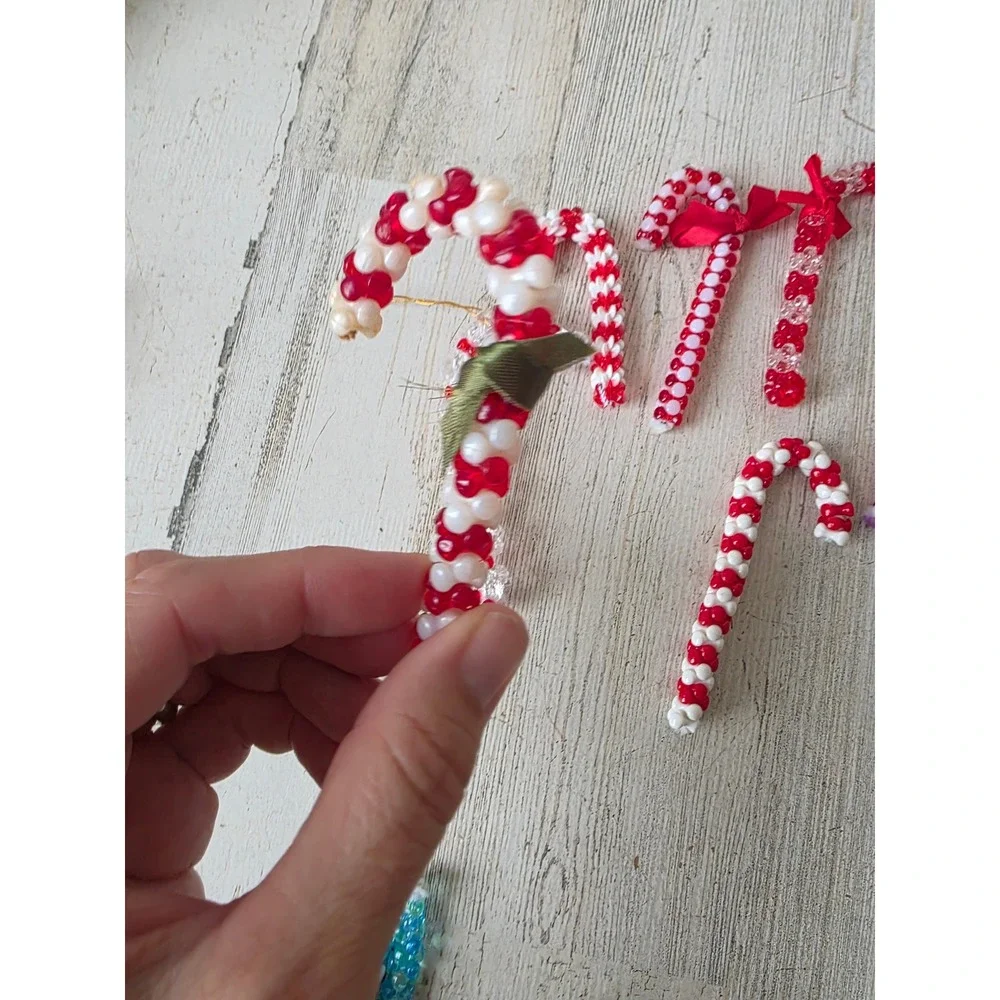 Vintage beaded candy cane ornament red white Xmas tree